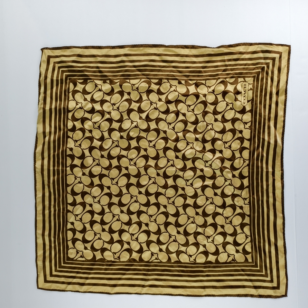 Coach Vintage Signature Silk Scarf Brown & Gold Monogram Fall Chic Premium 21x21
